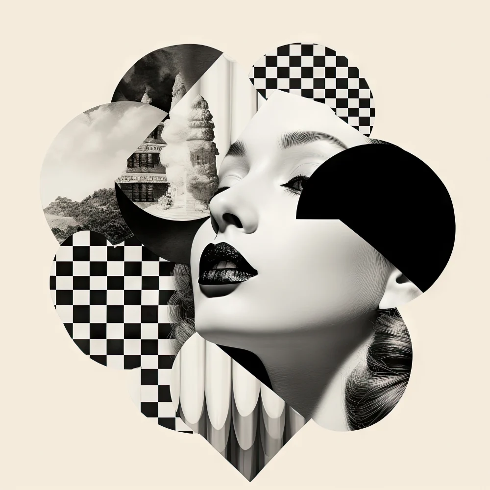 Poster abstracto de tipo collage en blanco y negro