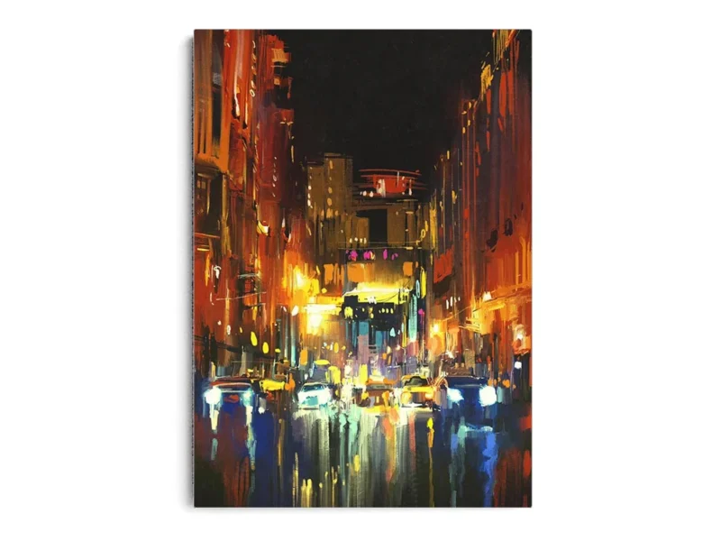 Arte Pintura Noche con Reflejos de Luces en la Ciudad
