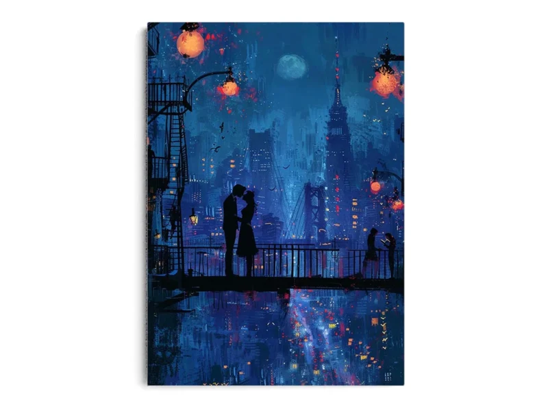Arte Pintura Pareja en la Noche con Ciudad de Fondo