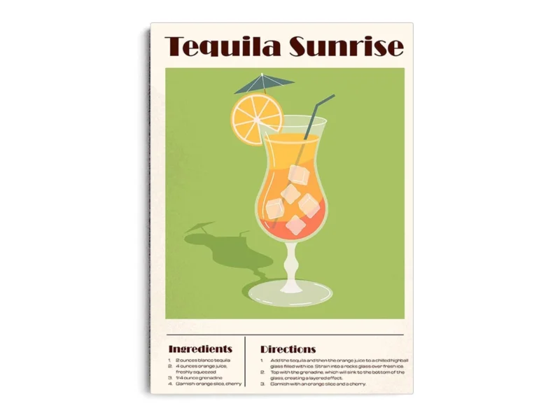 Arte Ilustración Cocktail Tequila Sunrise en Fondo Verde