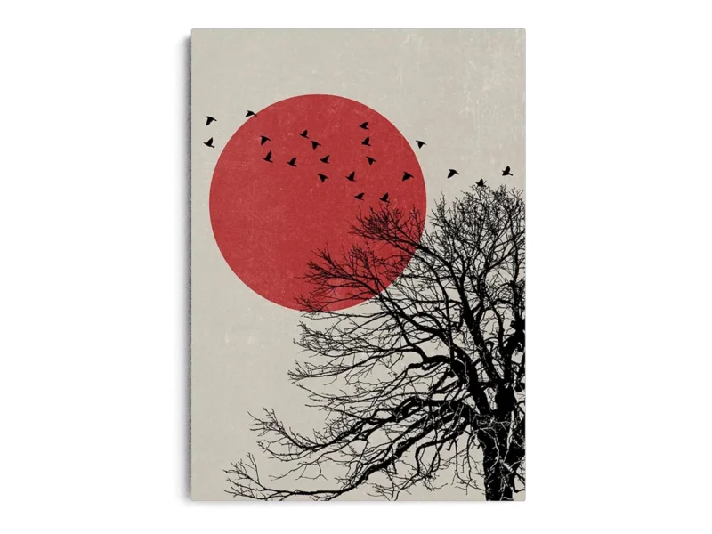 Arte Ilustración Japonesa Luna Roja con Árbol Negro