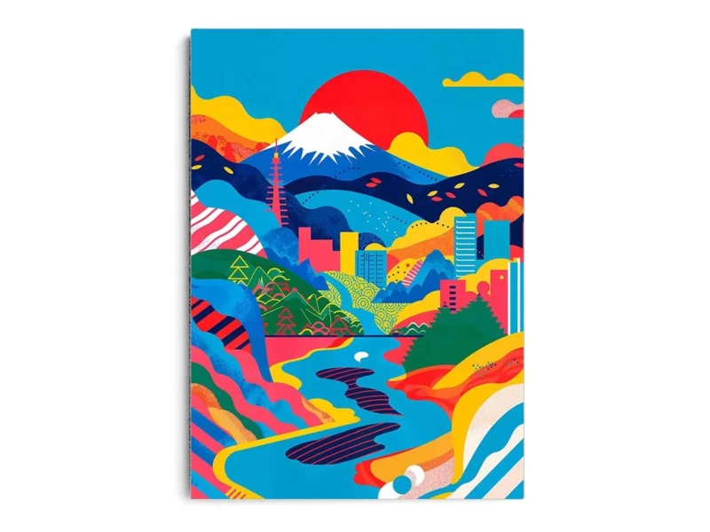 Póster Ilustración Japonesa Colorida Paisaje y Montaña
