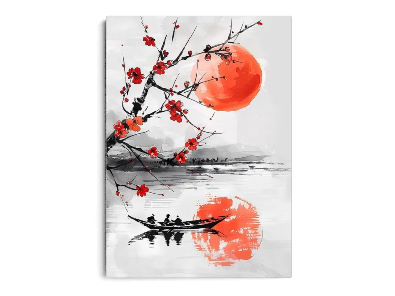 Arte Ilustración Japonesa Reflejo de Árbol con Flores Rojas