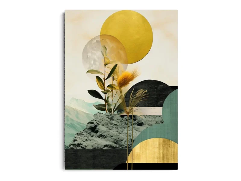 Arte Lujoso Collage de Hojas entre Luna con Toques de Oro