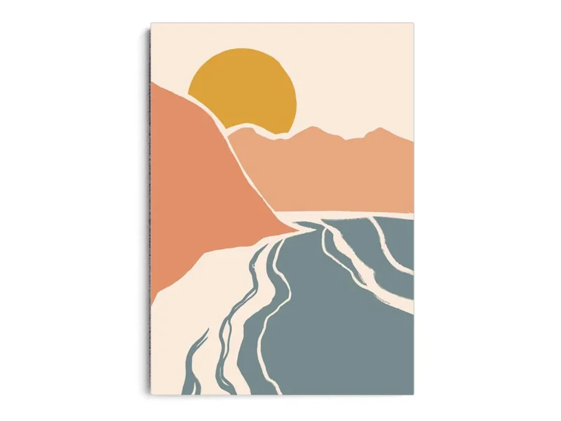 Arte Ilustración Minimalista Rio entre Montañas al Atardecer
