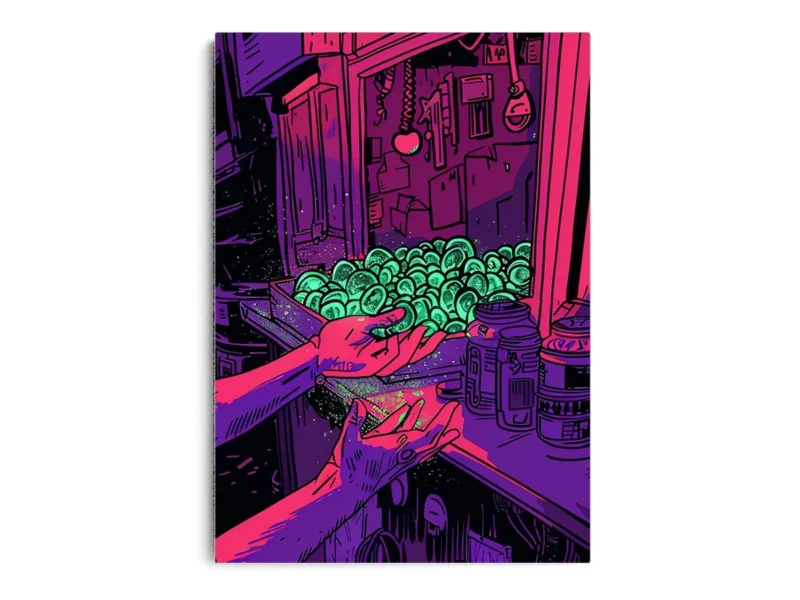 Póster Pop Art Ilustración Manos en Tienda con Orbes Verdes