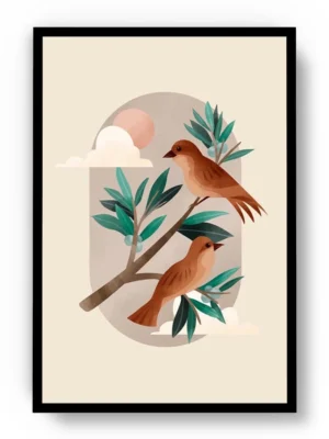 Arte Ilustración Pájaros Naranjas sobre Rama