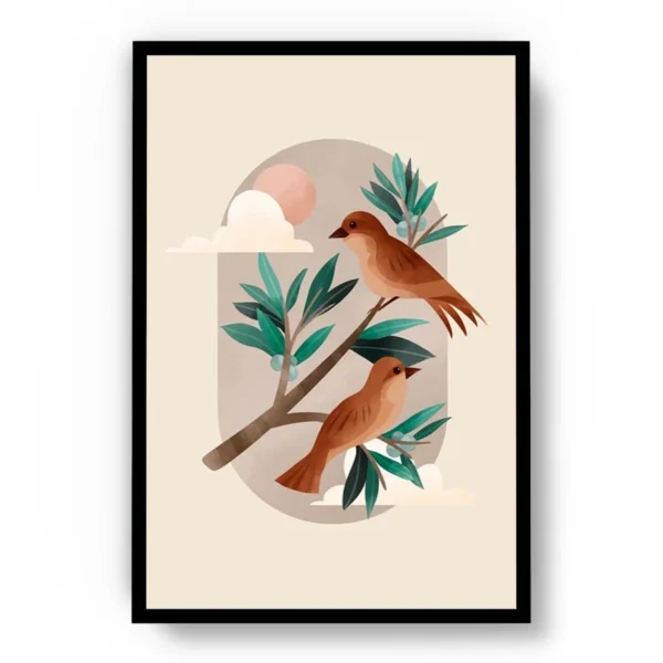 Arte Ilustración Pájaros Naranjas sobre Rama