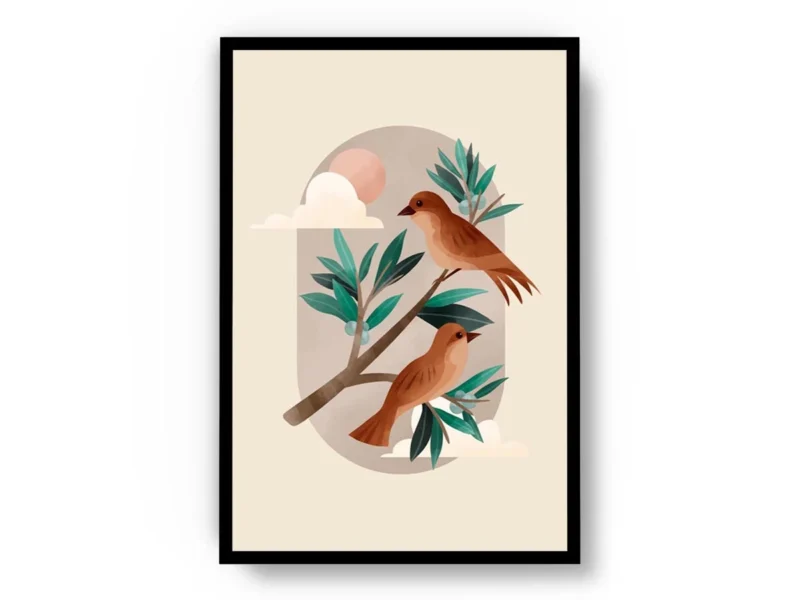 Arte Ilustración Pájaros Naranjas sobre Rama