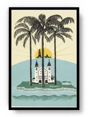 Arte Ilustración Isla Malang al Amanecer con Colores Suaves