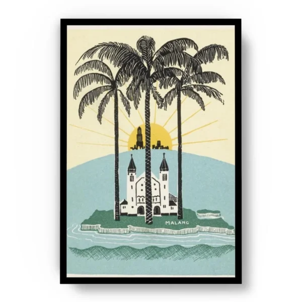 Arte Ilustración Isla Malang al Amanecer con Colores Suaves