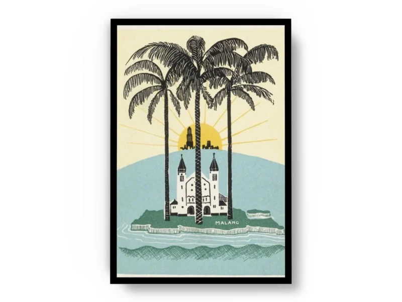 Arte Ilustración Isla Malang al Amanecer con Colores Suaves