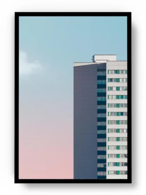 Arte Ilustración Edificio Solitario en Cielo Rosa