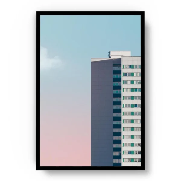 Arte Ilustración Edificio Solitario en Cielo Rosa