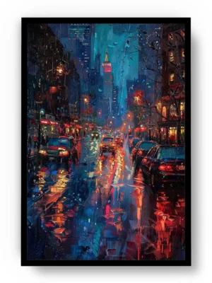 Arte Pintura Noche Lluviosa con Autos en la Ciudad