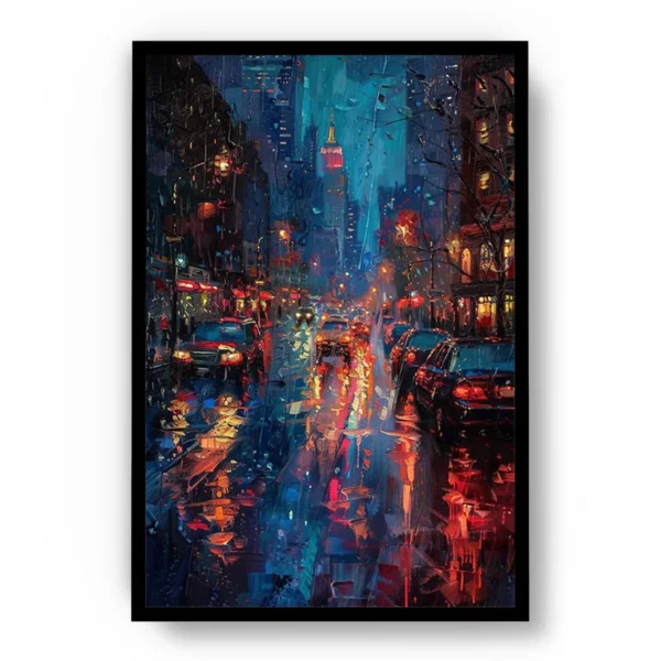 Arte Pintura Noche Lluviosa con Autos en la Ciudad