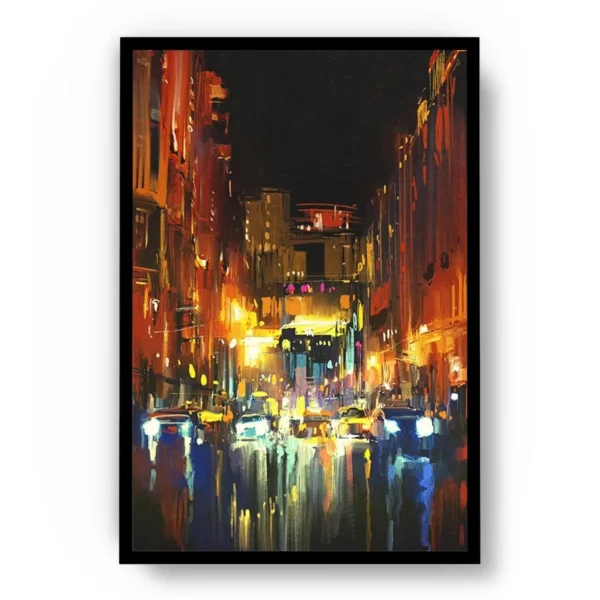 Arte Pintura Noche con Reflejos de Luces en la Ciudad