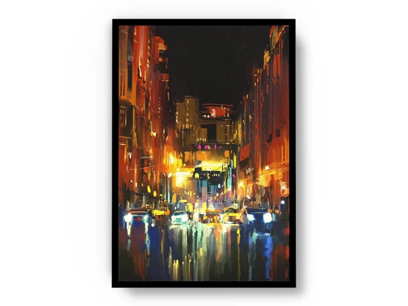 Arte Pintura Noche con Reflejos de Luces en la Ciudad
