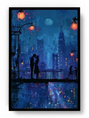 Arte Pintura Pareja en la Noche con Ciudad de Fondo