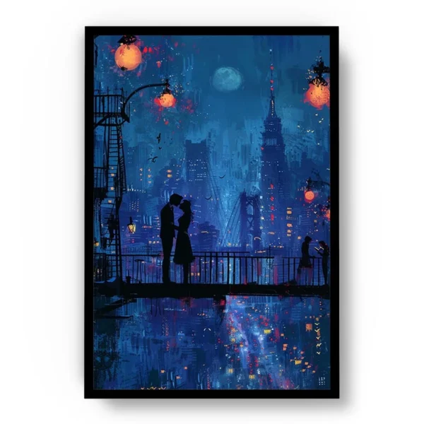 Arte Pintura Pareja en la Noche con Ciudad de Fondo