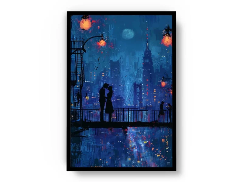 Arte Pintura Pareja en la Noche con Ciudad de Fondo
