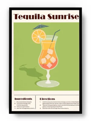 Arte Ilustración Cocktail Tequila Sunrise en Fondo Verde