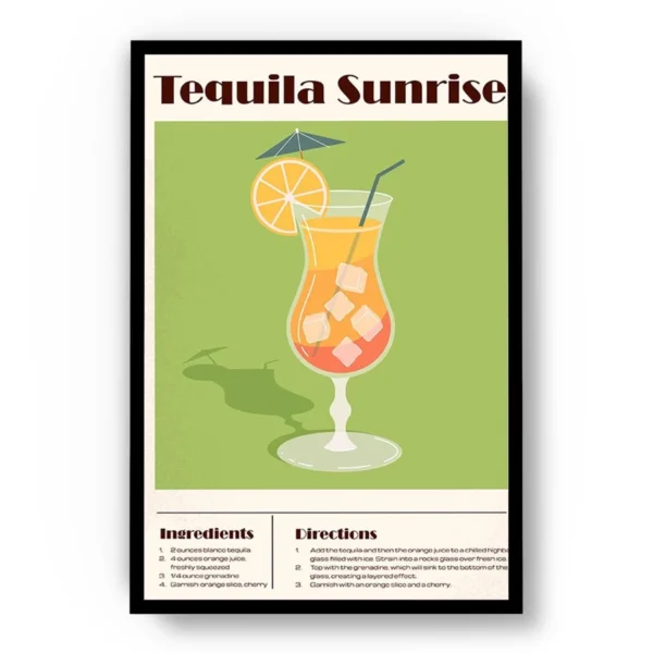 Arte Ilustración Cocktail Tequila Sunrise en Fondo Verde