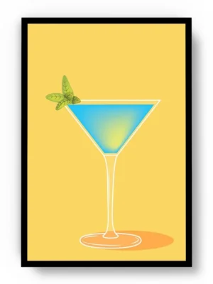 Arte Ilustración Cocktail Blue Angel en Fondo Amarillo