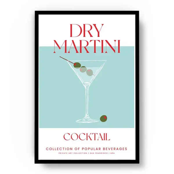 Arte Ilustración Cocktail Dry Martini en Tono Turquesa