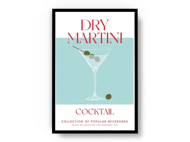 Arte Ilustración Cocktail Dry Martini en Tono Turquesa