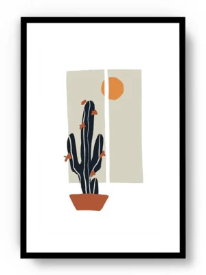 Arte Ilustración Cactus Minimalista con Ventana y Sol de Fondo