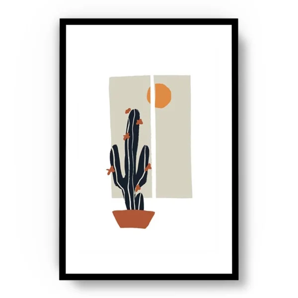 Arte Ilustración Cactus Minimalista con Ventana y Sol de Fondo