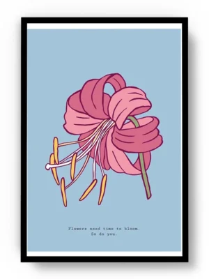 Arte Ilustración Minimalista Lirio Rosa con Fondo Turquesa