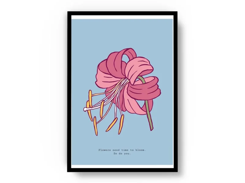 Arte Ilustración Minimalista Lirio Rosa con Fondo Turquesa