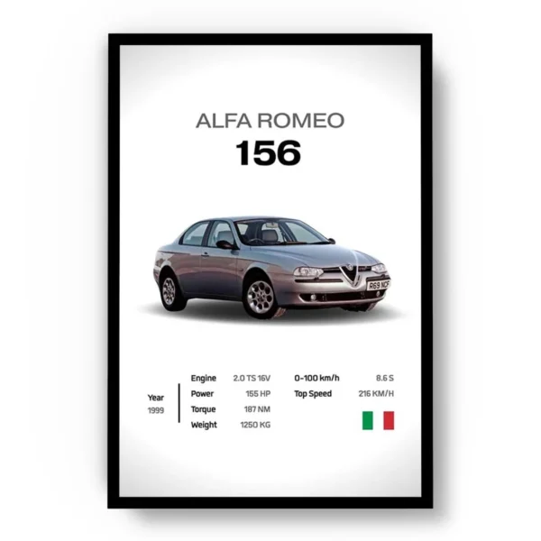 Póster Minimalista Alfa Romeo 156 con Especificaciones