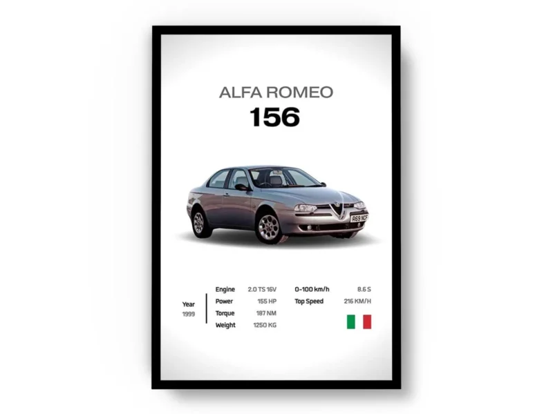 Póster Minimalista Alfa Romeo 156 con Especificaciones