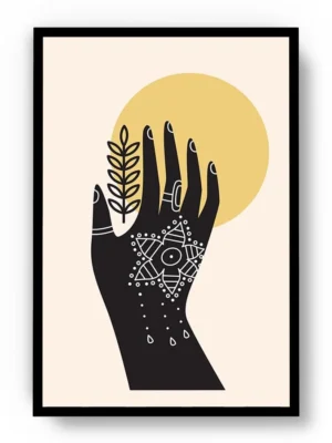 Póster Ilustración Mano Alcanzando el Sol y el Trigo