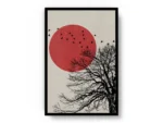 Arte Ilustración Japonesa Luna Roja con Árbol Negro