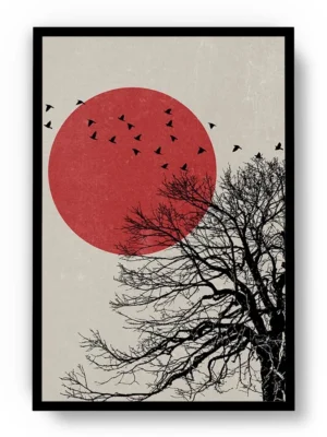 Arte Ilustración Japonesa Luna Roja con Árbol Negro