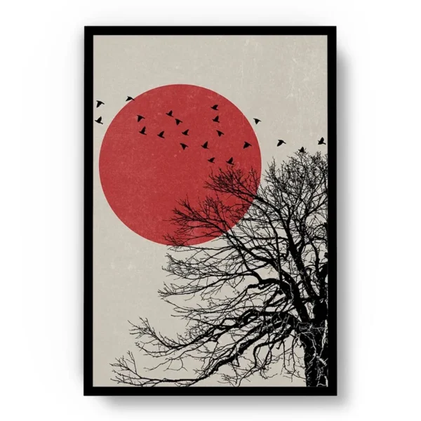 Arte Ilustración Japonesa Luna Roja con Árbol Negro