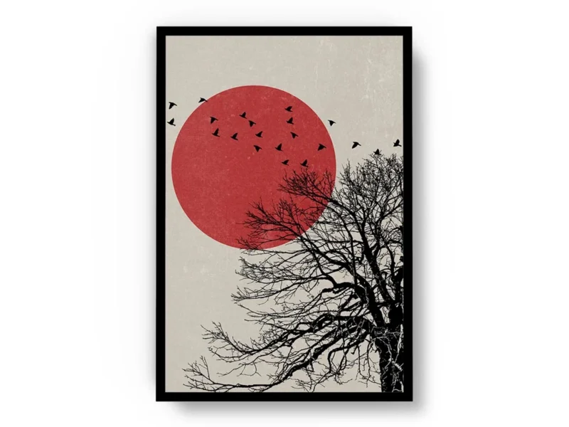 Arte Ilustración Japonesa Luna Roja con Árbol Negro