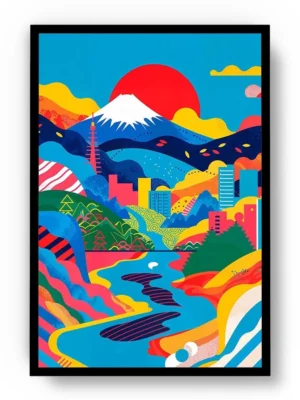 Póster Ilustración Japonesa Colorida Paisaje y Montaña