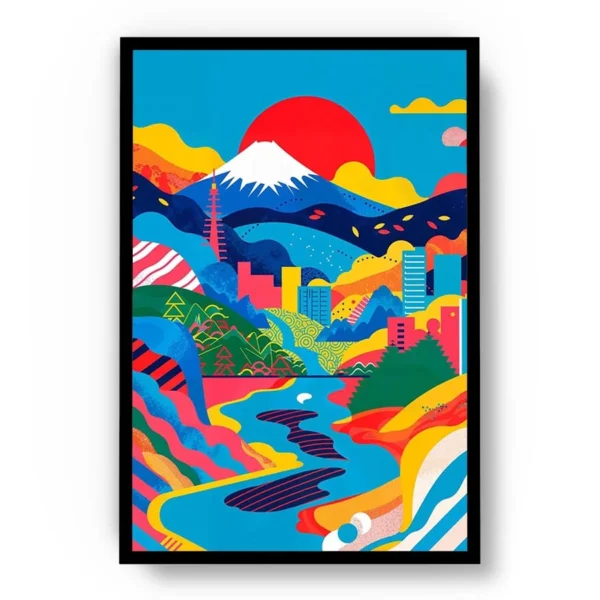 Póster Ilustración Japonesa Colorida Paisaje y Montaña