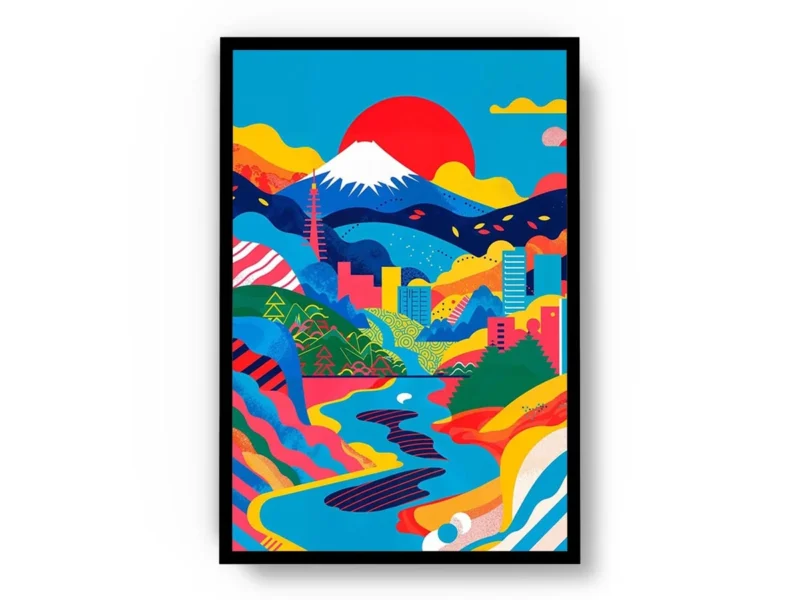 Póster Ilustración Japonesa Colorida Paisaje y Montaña