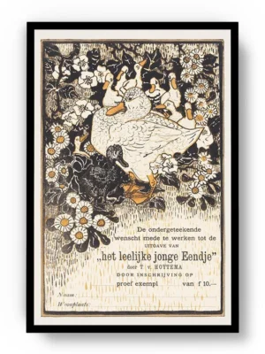 Arte Ilustración Japonesa Patos entre Margaritas