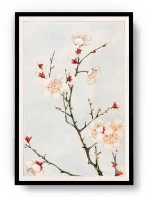 Arte Ilustración Japonesa Ramas Verdes con Flores Blancas y Rojas