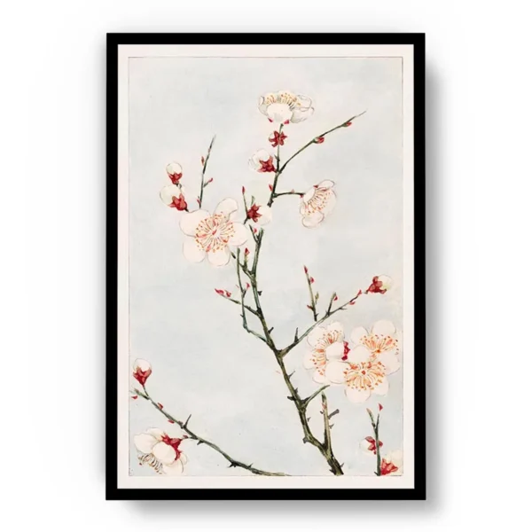 Arte Ilustración Japonesa Ramas Verdes con Flores Blancas y Rojas