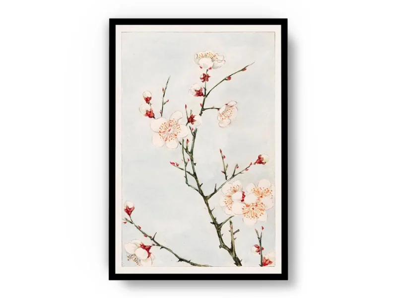 Arte Ilustración Japonesa Ramas Verdes con Flores Blancas y Rojas