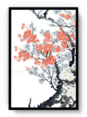 Arte Ilustración Japonesa Ramas Negras con Flores Rosas