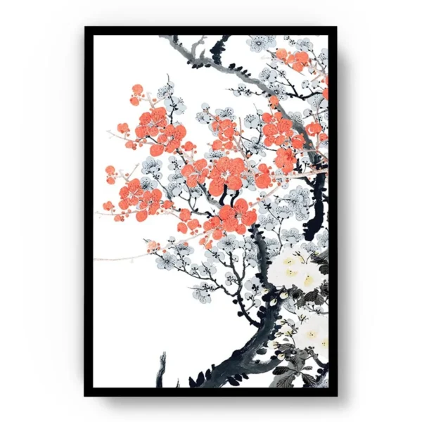 Arte Ilustración Japonesa Ramas Negras con Flores Rosas